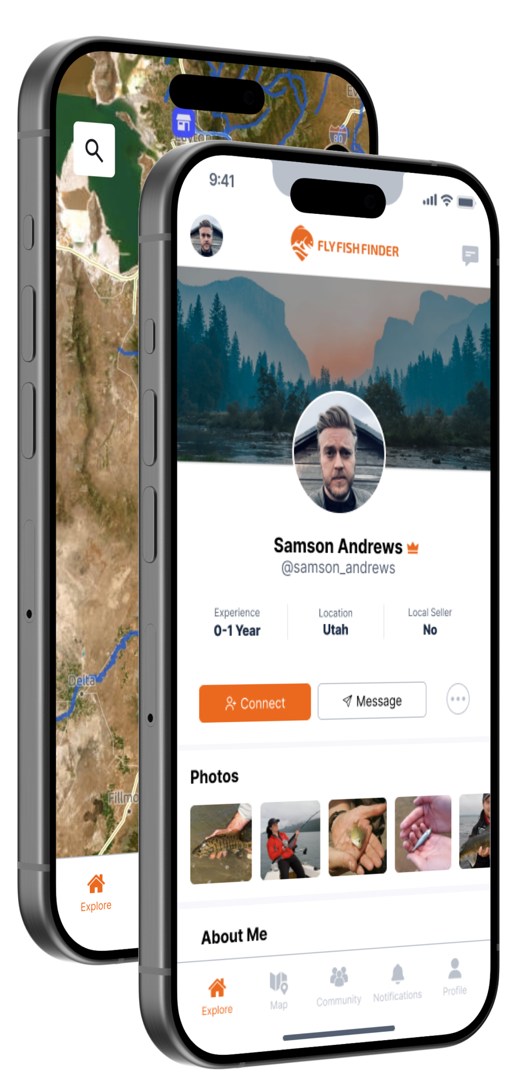 FlyFishFinder mobile app showing explore map and user profile screens